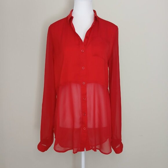 Free People Oversized Sheer Button Down Shirt Red Size Small - Picture 2 of 7